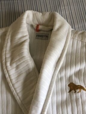 Frette Cream 100% Cotton Shawl Collar Robe with Gold Lion Emblem